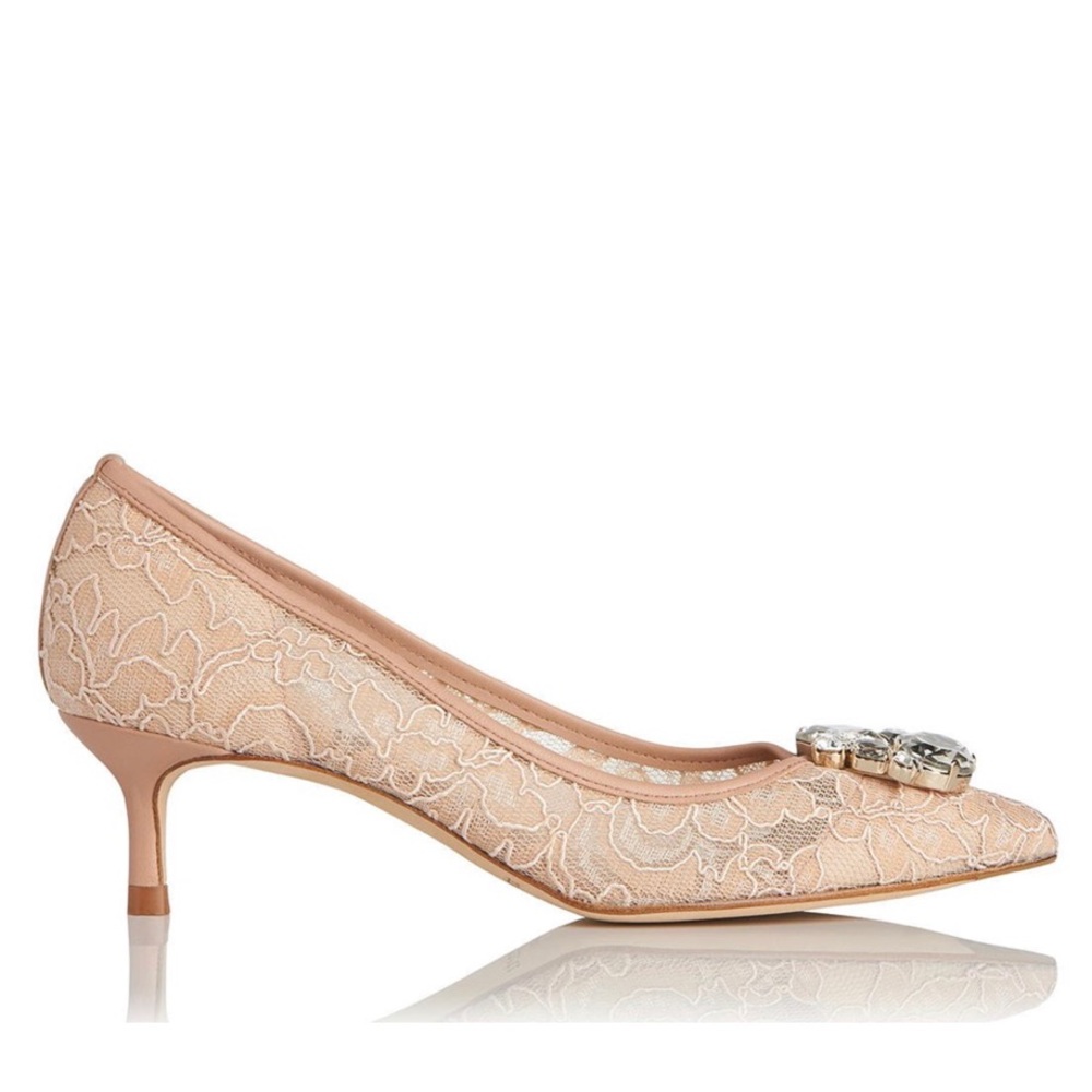 LK Bennett Nude Lace Kitten Heels with Jewel Detail
